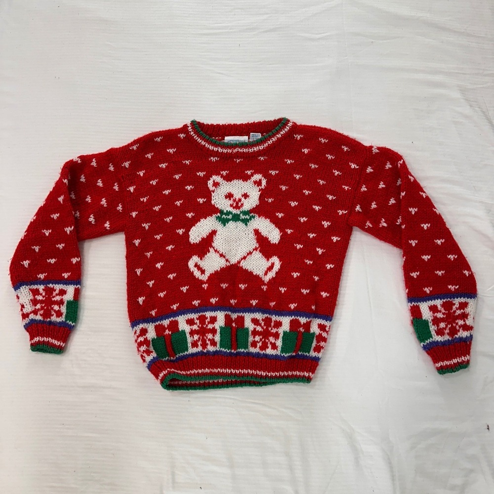 Vintage‎ Jitterbug Teddy Bear Christmas Sweater Kids Size L 14 Red Holiday Knit